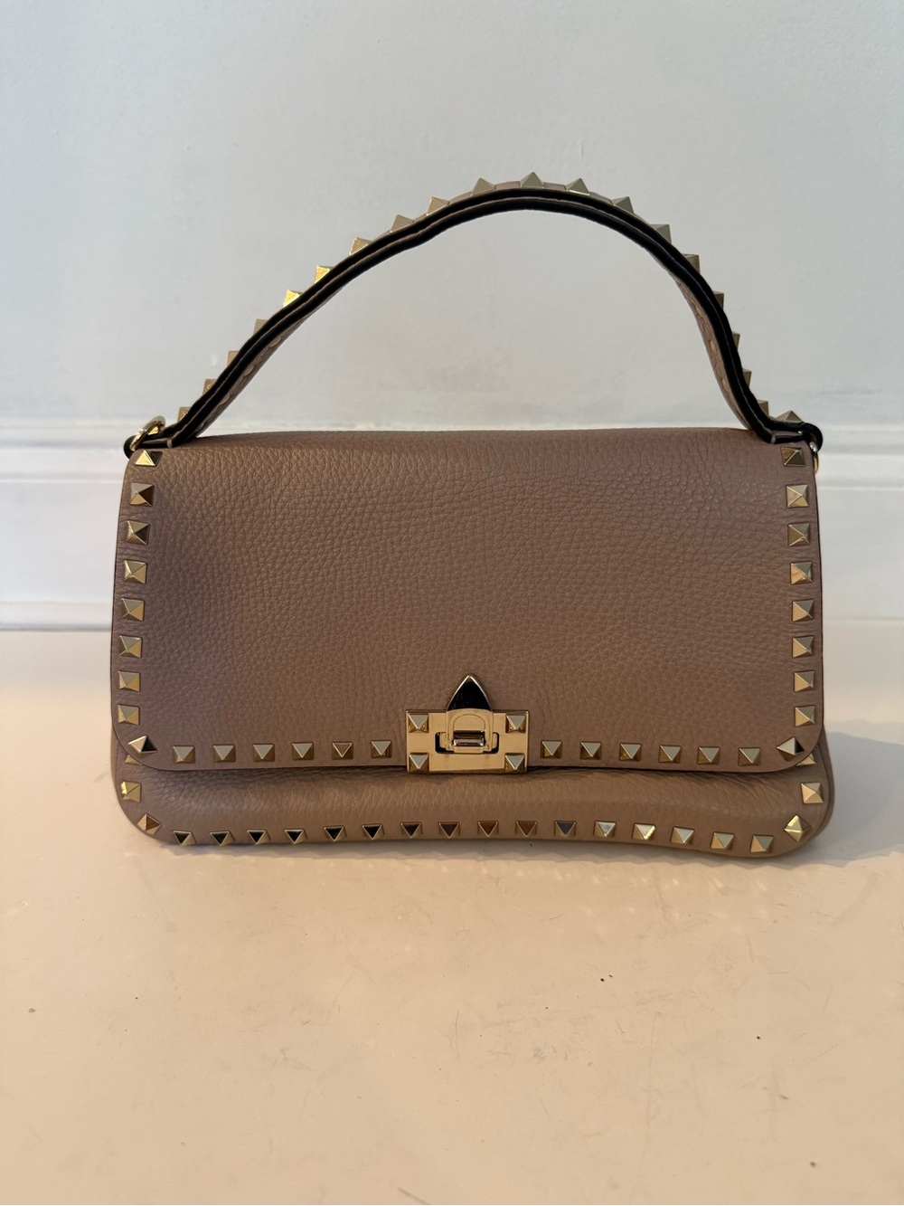 Valentino Garavani Taupe Leather Rockstud Top-Handle Shoulder Bag